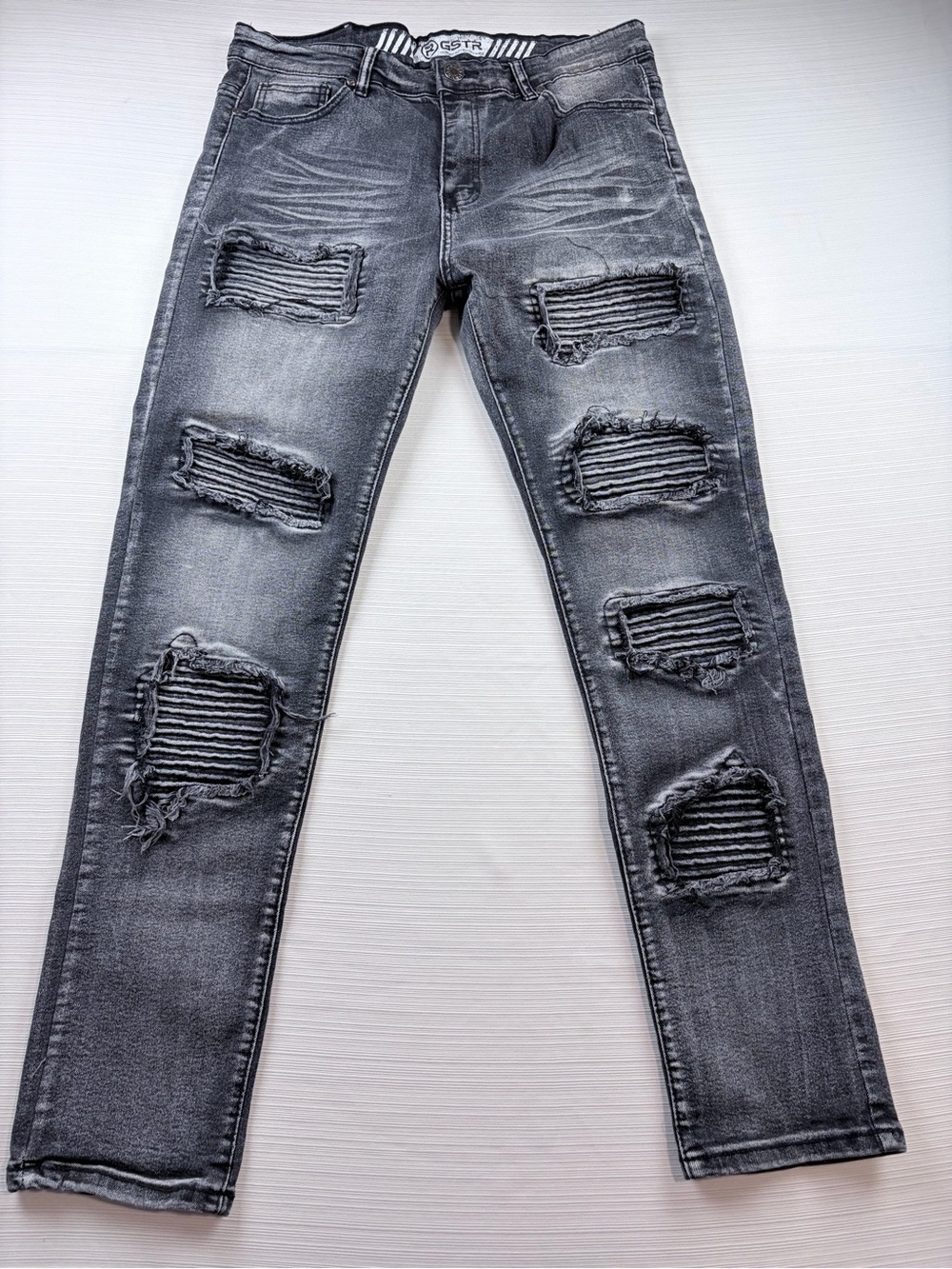 Distressed Black-Grey Skinny Jeans with Ripped Knee Panels
